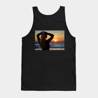 Beautiful woman on the beach at sunrise Tank Top